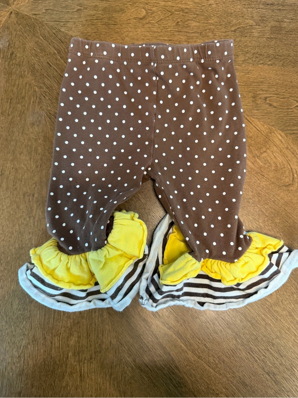 Starting Out Brown Polka Dot Leggings with Yellow Ruffle Trim